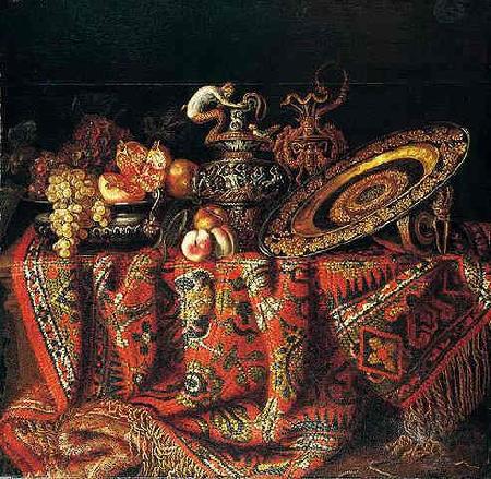 Jacques Hupin A still life of peaches, grapes and pomegranates in a pewter bowl, an ornate ormolu plate and ewers, all resting on a table draped with a carpet Germany oil painting art